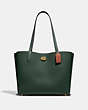 COACH®,WILLOW TOTE BAG IN COLORBLOCK WITH SIGNATURE CANVAS INTERIOR,Pebble Leather,Large,Brass/Amazon Green Multi,Front View