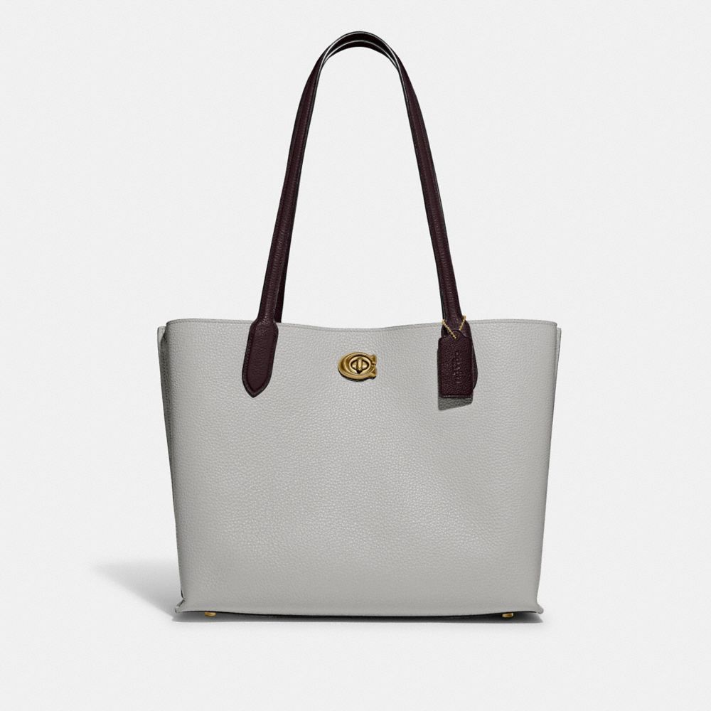 COACH®,WILLOW TOTE BAG IN COLORBLOCK WITH SIGNATURE CANVAS INTERIOR,Pebble Leather,Large,Brass/Dove Grey Multi,Front View image number 0