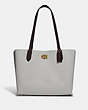 COACH®,WILLOW TOTE BAG IN COLORBLOCK WITH SIGNATURE CANVAS INTERIOR,Pebble Leather,Large,Brass/Dove Grey Multi,Front View