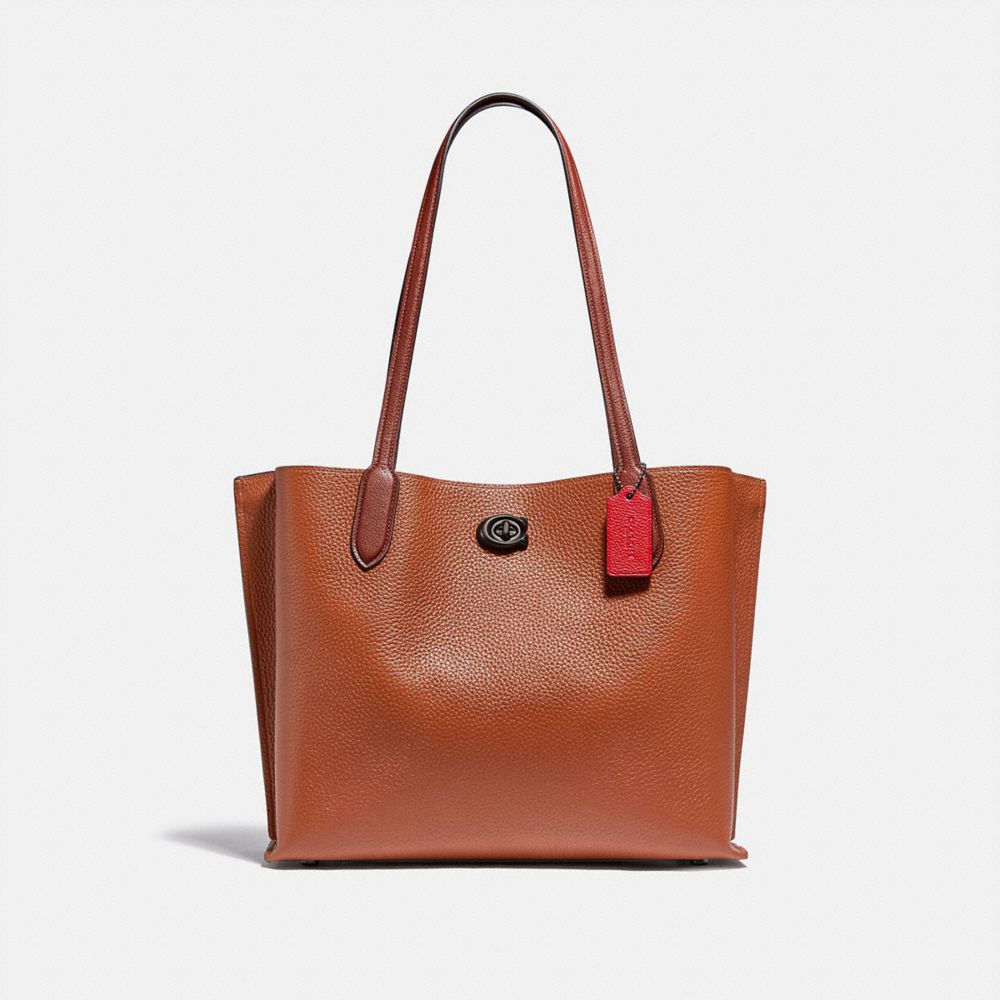 COACH®,WILLOW TOTE BAG IN COLORBLOCK WITH SIGNATURE CANVAS INTERIOR,Pebble Leather,Large,Pewter/1941 Saddle Multi,Front View