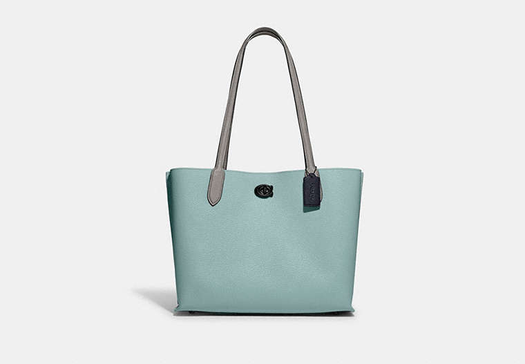 COACH®,WILLOW TOTE BAG IN COLORBLOCK WITH SIGNATURE CANVAS INTERIOR,Pebble Leather,Large,Pewter/Aqua Multi,Front View