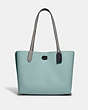 COACH®,WILLOW TOTE BAG IN COLORBLOCK WITH SIGNATURE CANVAS INTERIOR,Pebble Leather,Large,Pewter/Aqua Multi,Front View