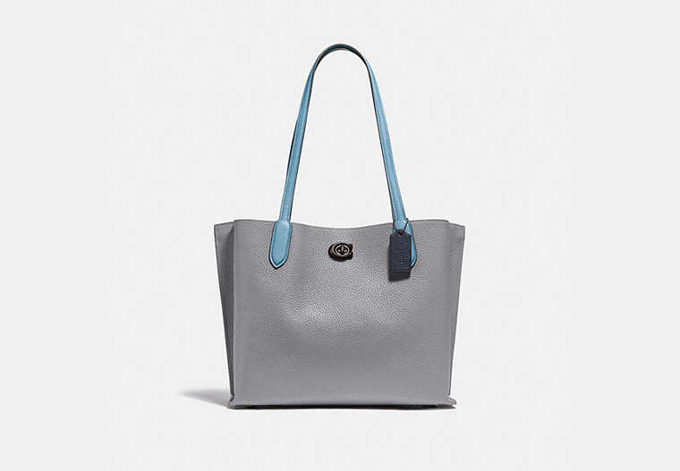 COACH®,WILLOW TOTE IN COLORBLOCK WITH SIGNATURE CANVAS INTERIOR,Pebble Leather,Large,Pewter/Granite Multi,Front View