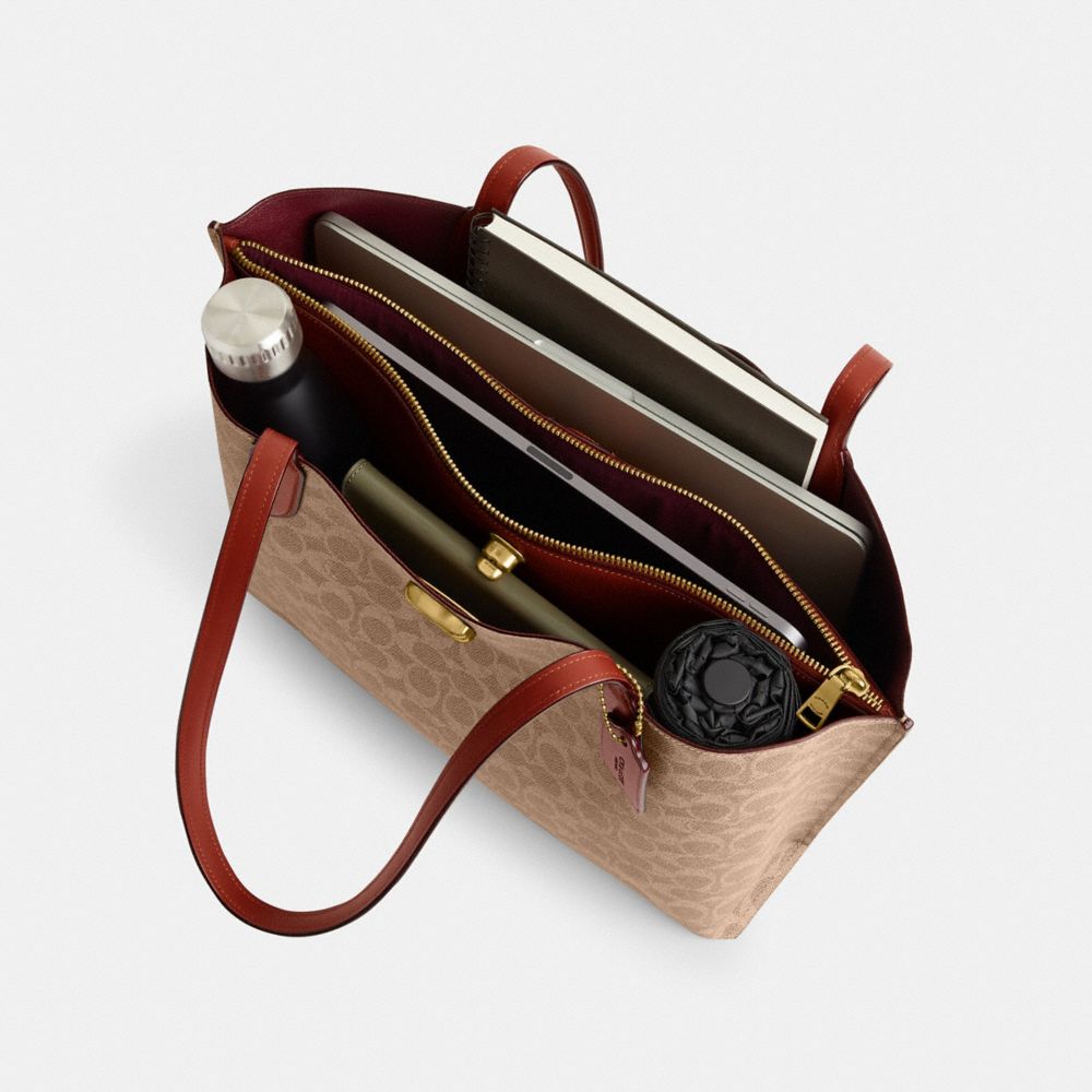 COACH®,Willow Tote Bag In Signature Canvas,Leather,Calf Hair,Tote,No Embellishment,Casual,,Inside View, Top View