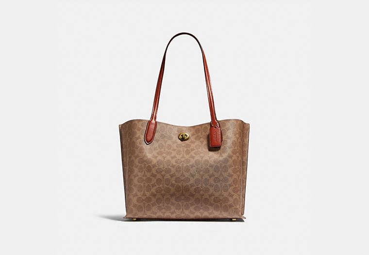 COACH®,WILLOW TOTE IN SIGNATURE CANVAS,Signature Coated Canvas,Large,Brass/Tan/Rust,Front View image number 0