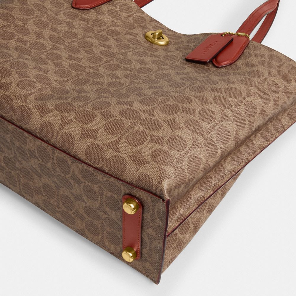 COACH®,Willow Tote Bag In Signature Canvas,Leather,Calf Hair,Tote,No Embellishment,Casual,Brown,Outsole View