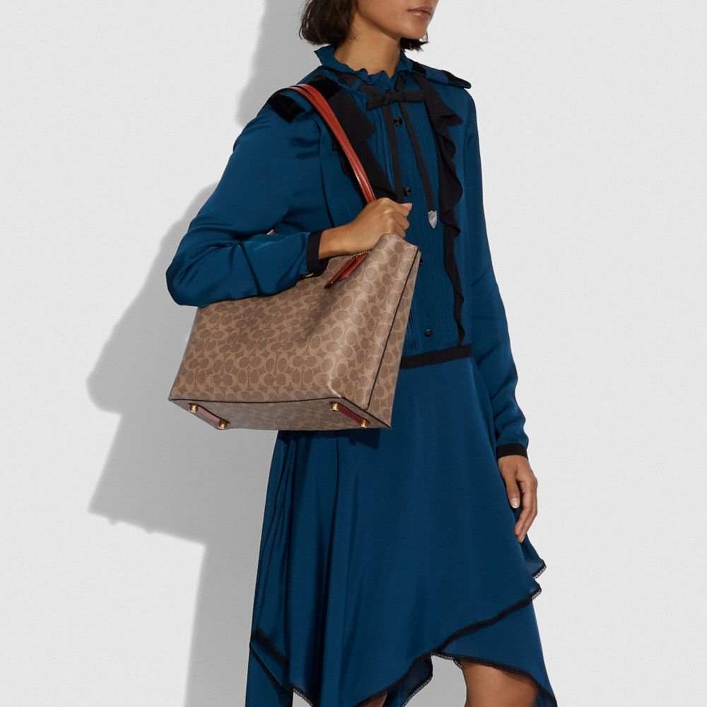 COACH®,Willow Tote Bag In Signature Canvas,Leather,Calf Hair,Tote,No Embellishment,Casual,Brown,Detail View