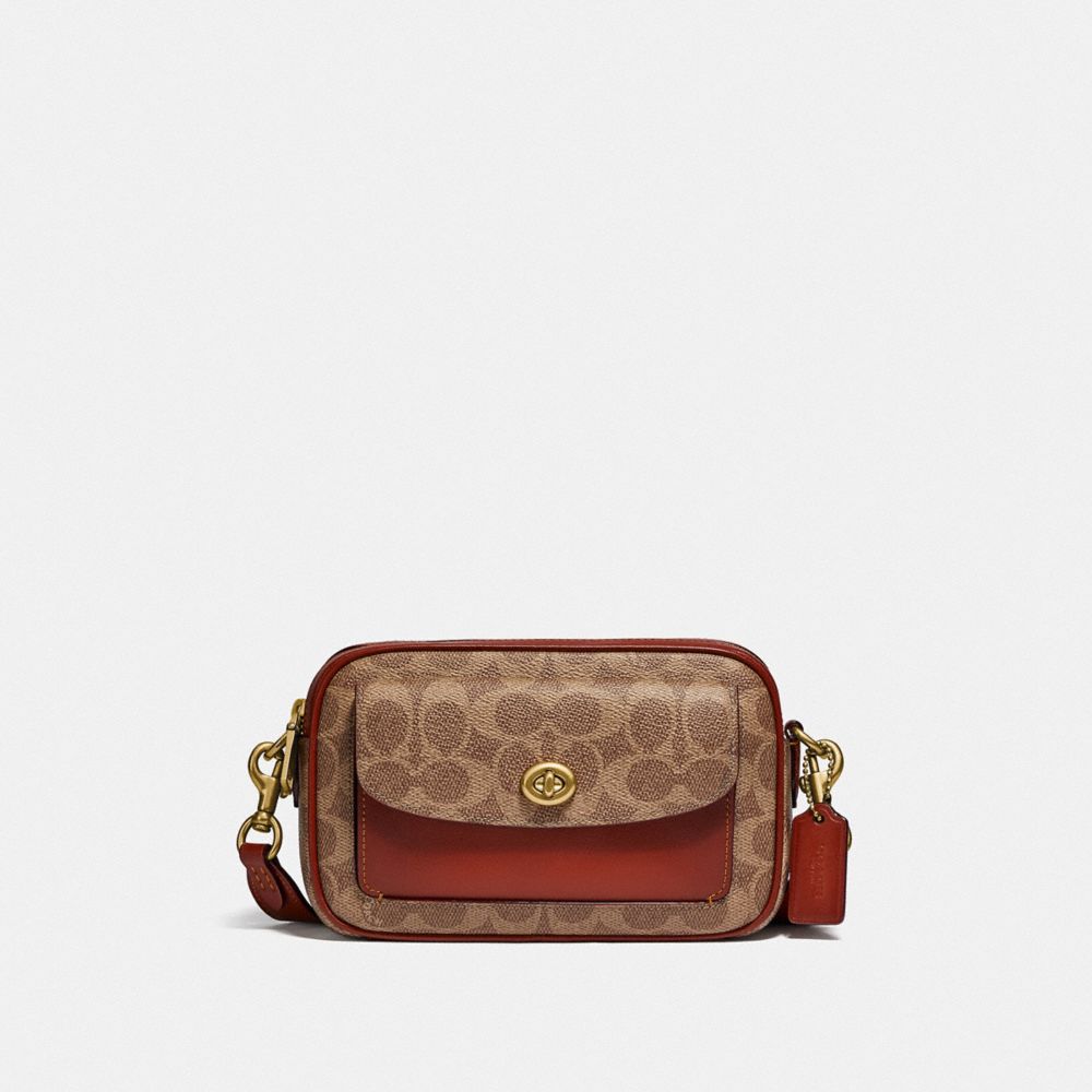 COACH®,WILLOW CAMERA BAG IN SIGNATURE CANVAS,Signature Coated Canvas,Small,Brass/Tan/Rust,Front View image number 0