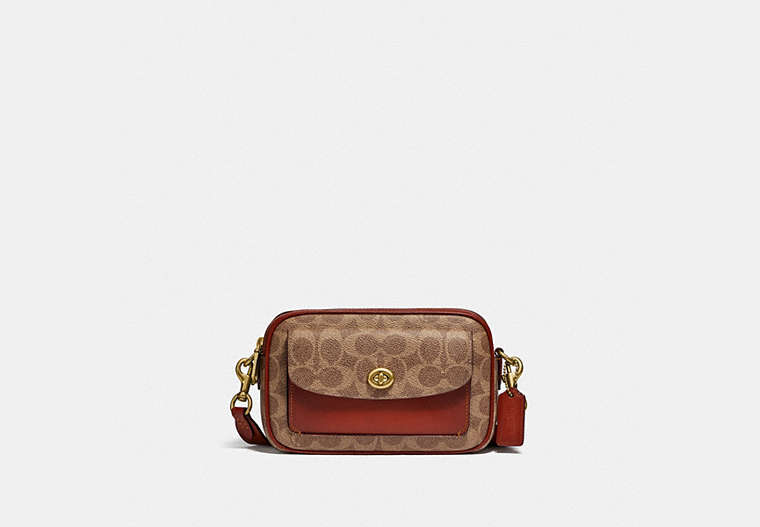 COACH®,WILLOW CAMERA BAG IN SIGNATURE CANVAS,Signature Coated Canvas,Small,Brass/Tan/Rust,Front View image number 0
