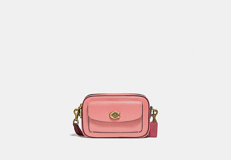 COACH®,WILLOW CAMERA BAG IN COLORBLOCK,Pebble Leather,Small,Brass/Candy Pink Multi,Front View