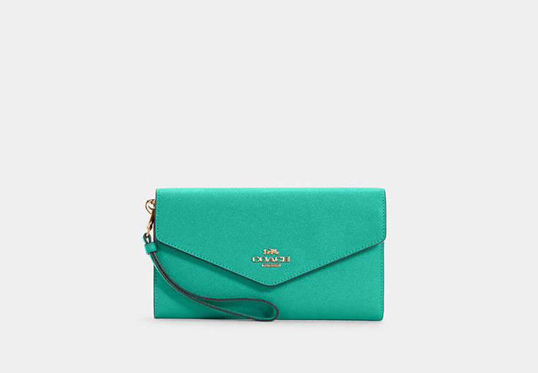 COACH®,TRAVEL ENVELOPE WALLET,Leather,Gold/Green,Front View