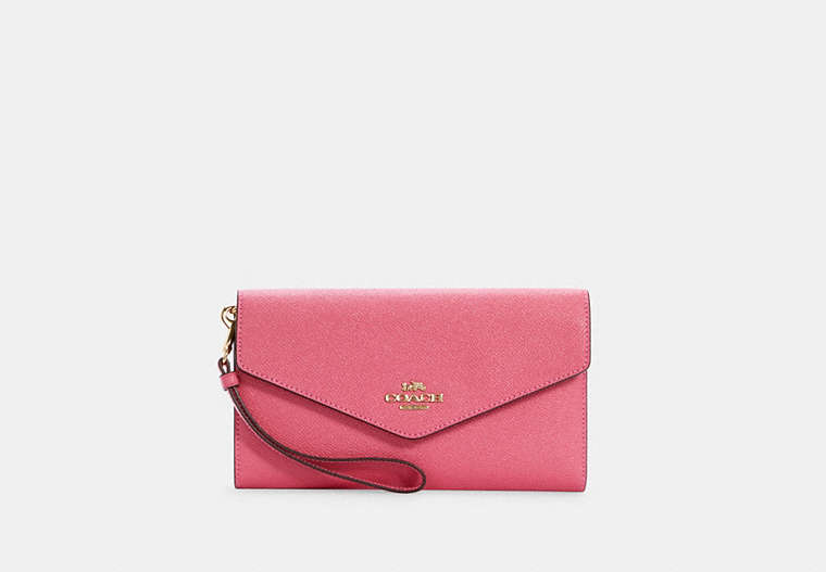 COACH®,TRAVEL ENVELOPE WALLET,Leather,Gold/Confetti Pink,Front View