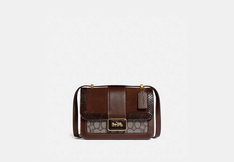 COACH®,ALIE SHOULDER BAG IN SIGNATURE JACQUARD WITH SNAKESKIN DETAIL,cotton,Medium,Brass/Oak Maple,Front View