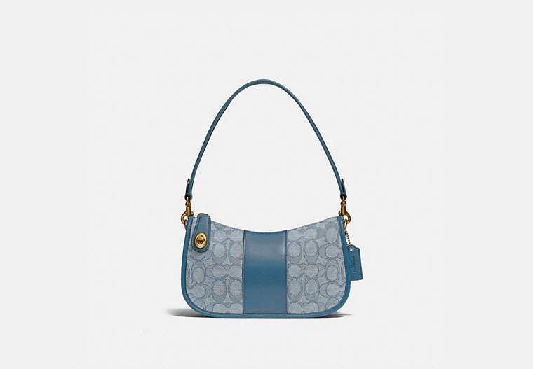 COACH®,SWINGER BAG IN SIGNATURE JACQUARD,Jacquard,Medium,Brass/Marble Blue Azure,Front View