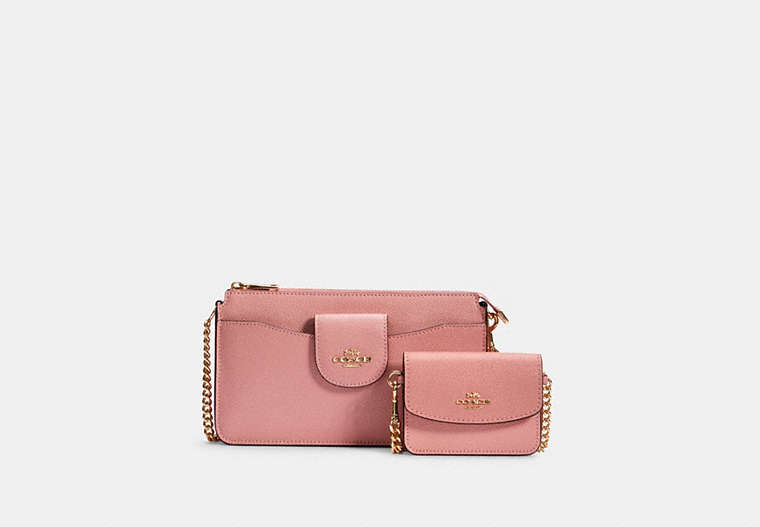 COACH®,POPPY CROSSBODY WITH CARD CASE,Leather,Mini,Gold/Light Blush,Front View