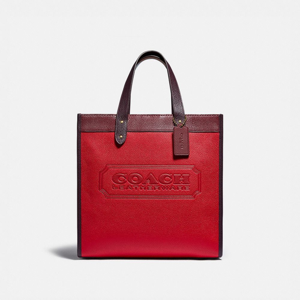 COACH®,FIELD TOTE IN COLORBLOCK WITH COACH BADGE,Pebble Leather,X-Large,Brass/Electric Red Multi,Front View