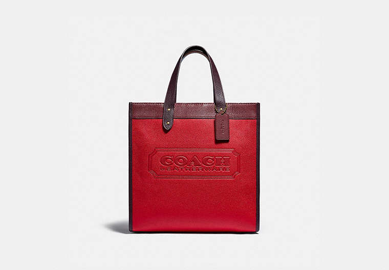 COACH®,FIELD TOTE IN COLORBLOCK WITH COACH BADGE,Pebble Leather,X-Large,Brass/Electric Red Multi,Front View