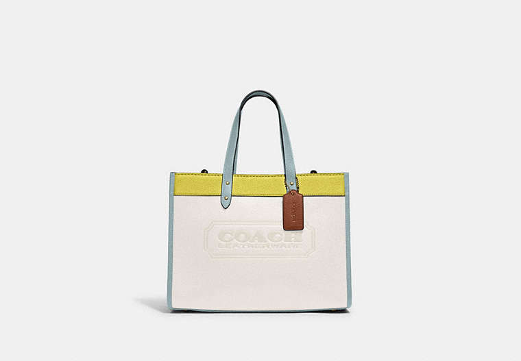 COACH®,FIELD TOTE 30 IN COLORBLOCK WITH COACH BADGE,Pebble Leather,Large,Brass/Chalk Keylime Aqua,Front View
