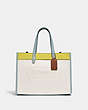 COACH®,FIELD TOTE 30 IN COLORBLOCK WITH COACH BADGE,Pebble Leather,Large,Brass/Chalk Keylime Aqua,Front View