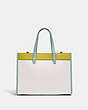 COACH®,FIELD TOTE 30 IN COLORBLOCK WITH COACH BADGE,Pebble Leather,Large,Brass/Chalk Keylime Aqua,Back View