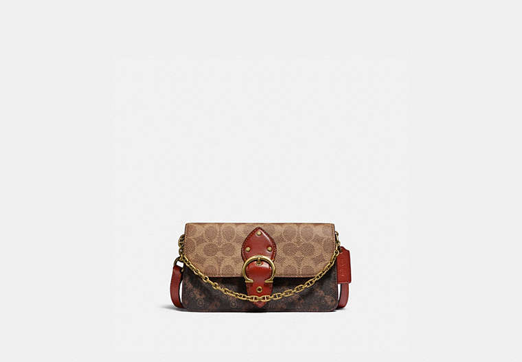 COACH®,BEAT CROSSBODY CLUTCH IN SIGNATURE CANVAS WITH HORSE AND CARRIAGE PRINT,Signature Coated Canvas,Mini,Brass/Tan Truffle Rust,Front View