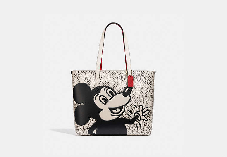 COACH®,DISNEY MICKEY MOUSE X KEITH HARING HIGHLINE TOTE,pusplitleather,X-Large,Brass/Chalk,Front View image number 0