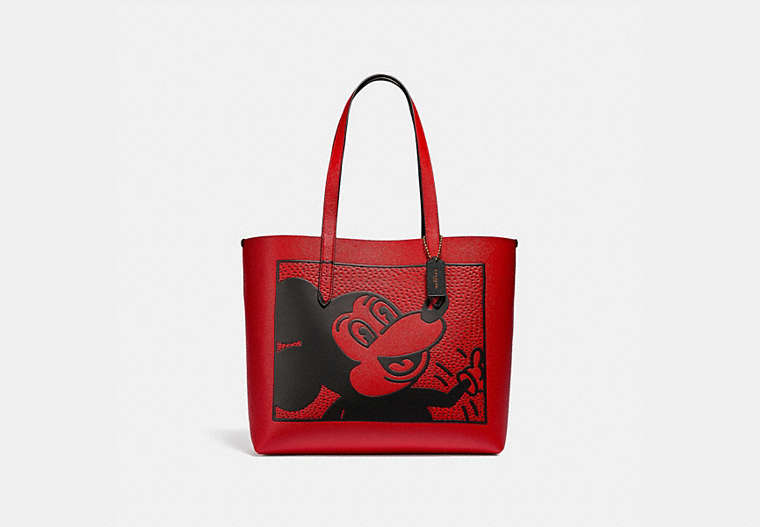 COACH®,DISNEY MICKEY MOUSE X KEITH HARING HIGHLINE TOTE,pusplitleather,X-Large,Brass/Electric Red,Front View