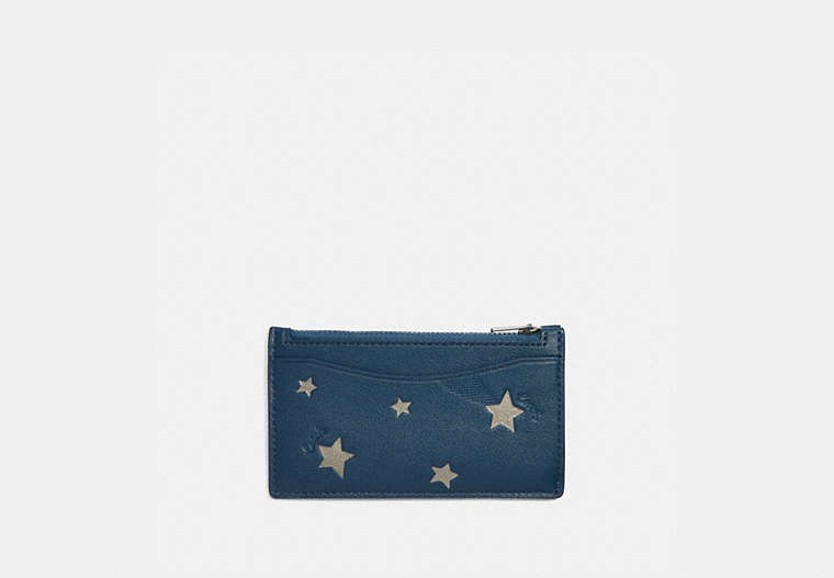 COACH®,ZIP CARD CASE WITH SHOOTING STAR PRINT,Smooth Leather,Mini,Sea Blue Multi,Front View