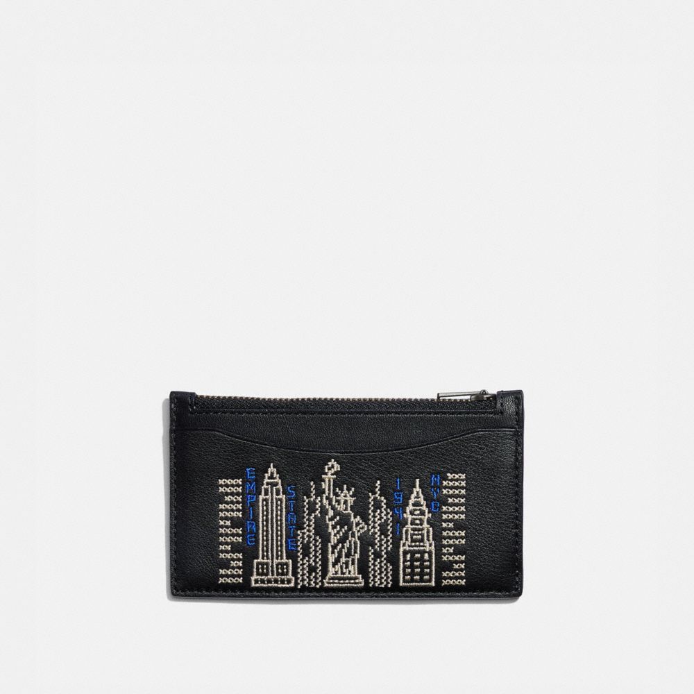 COACH®,ZIP CARD CASE WITH STARDUST CITY SKYLINE,Smooth Leather,Mini,Black,Front View