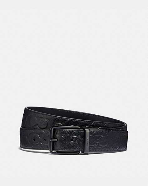 COACH®,ROLLER BUCKLE CUT-TO-SIZE REVERSIBLE BELT, 38MM,Leather,Black,Front View