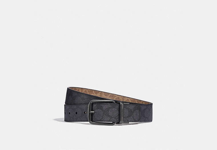 COACH®,HARNESS BUCKLE CUT-TO-SIZE REVERSIBLE BELT, 38MM,Coated Canvas,Charcoal/Khaki,Front View image number 0