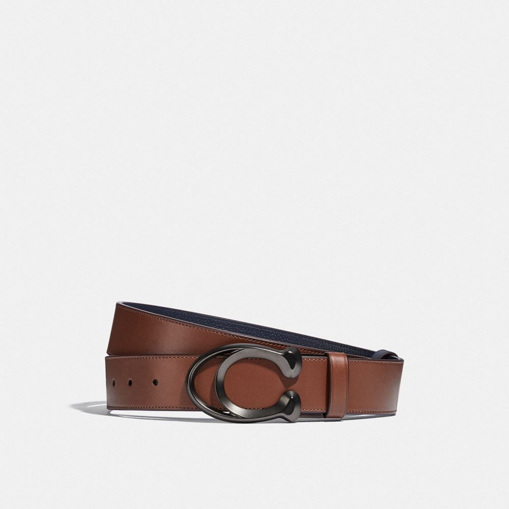 COACH®,SIGNATURE BUCKLE CUT-TO-SIZE REVERSIBLE BELT, 38MM,Leather,Dark Saddle/Midnight,Front View image number 0