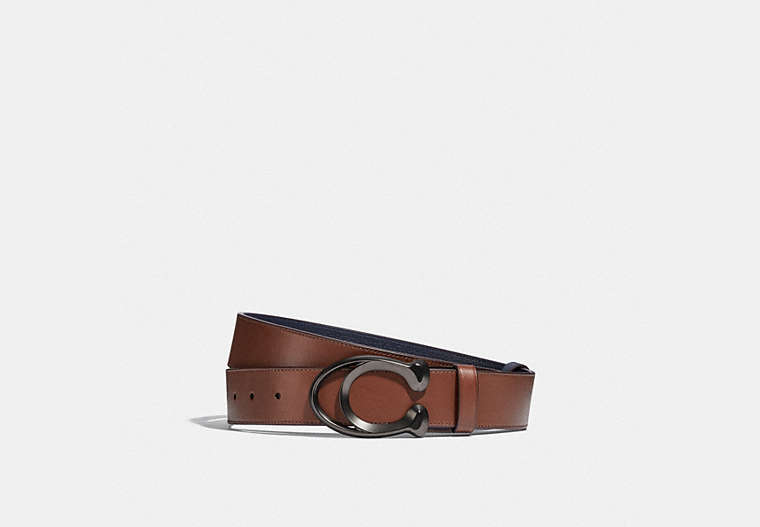 COACH®,SIGNATURE BUCKLE CUT-TO-SIZE REVERSIBLE BELT, 38MM,Leather,Dark Saddle/Midnight,Front View image number 0