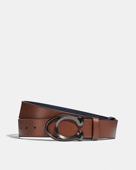 COACH®,SIGNATURE BUCKLE CUT-TO-SIZE REVERSIBLE BELT, 38MM,Leather,Dark Saddle/Midnight,Front View