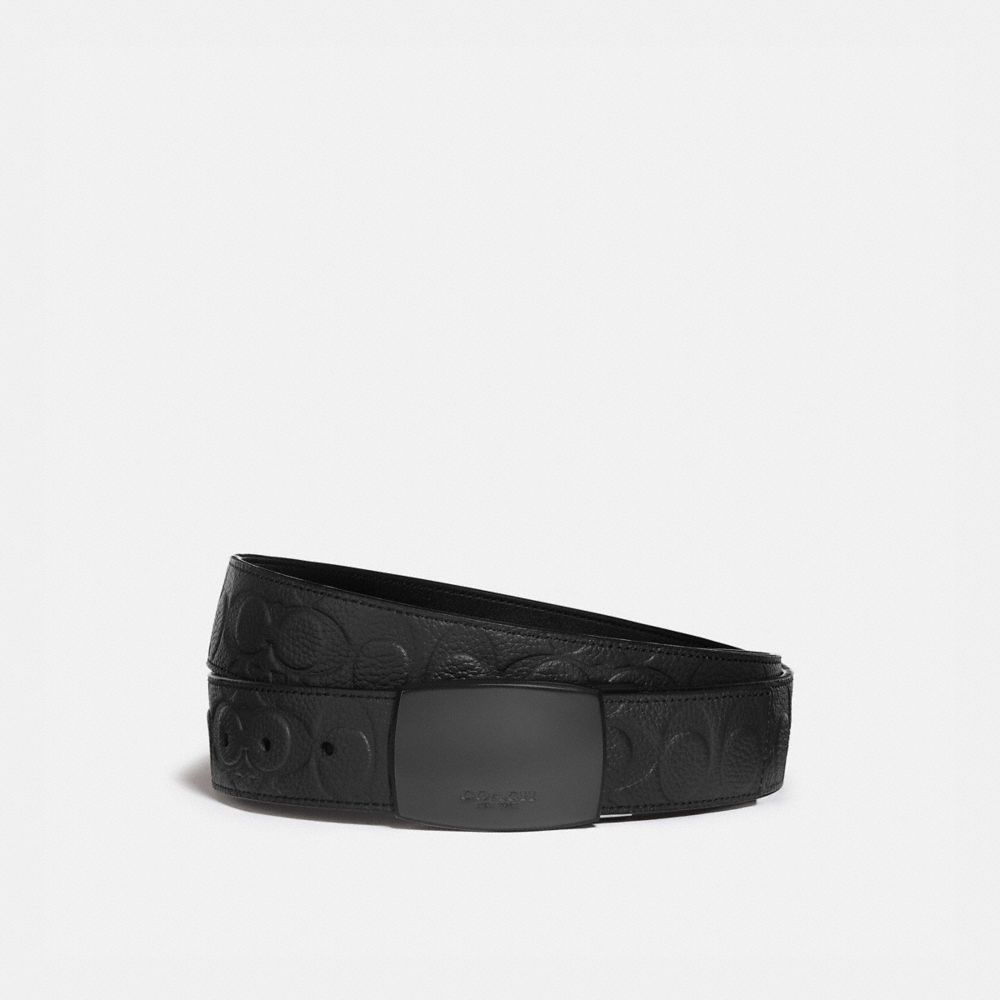 COACH®,PLAQUE BUCKLE CUT-TO-SIZE REVERSIBLE BELT, 38MM,Pebble Leather/Smooth Leather,Black,Front View image number 0