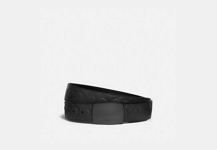 COACH®,PLAQUE BUCKLE CUT-TO-SIZE REVERSIBLE BELT, 38MM,Pebble Leather/Smooth Leather,Black,Front View