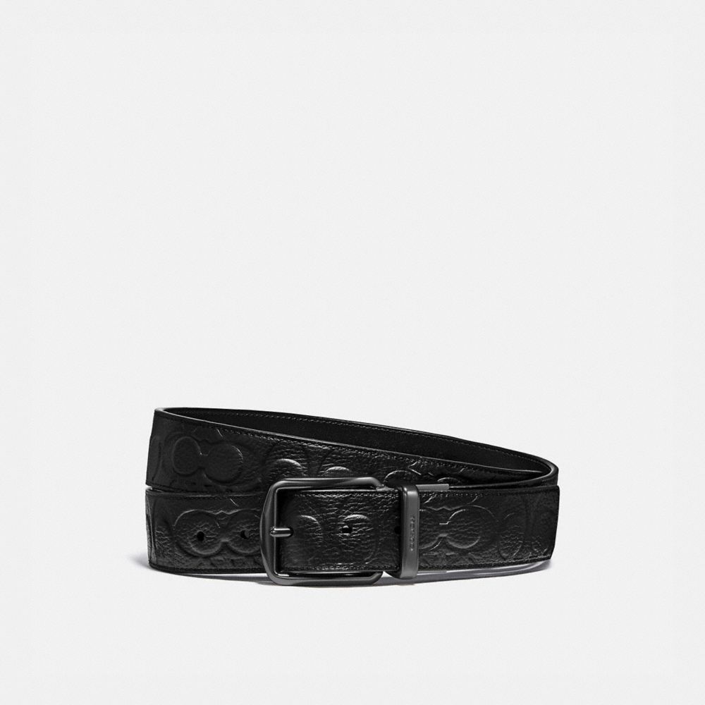 COACH®,HARNESS BUCKLE CUT-TO-SIZE REVERSIBLE BELT, 38MM,Pebble Leather/Smooth Leather,Black,Front View image number 0