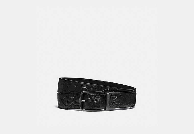 COACH®,HARNESS BUCKLE CUT-TO-SIZE REVERSIBLE BELT, 38MM,Pebble Leather/Smooth Leather,Black,Front View
