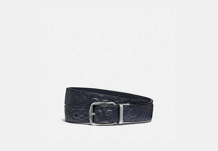 COACH®,HARNESS BUCKLE CUT-TO-SIZE REVERSIBLE BELT, 38MM,Pebble Leather/Smooth Leather,Midnight,Front View image number 0