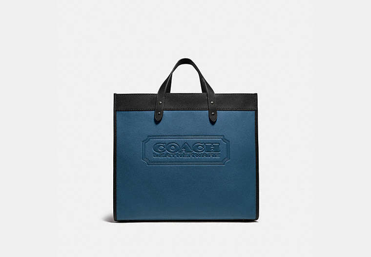COACH®,FIELD TOTE BAG 40 IN COLORBLOCK WITH COACH BADGE,Pebble Leather,X-Large,JI/Sea Blue Multi,Front View