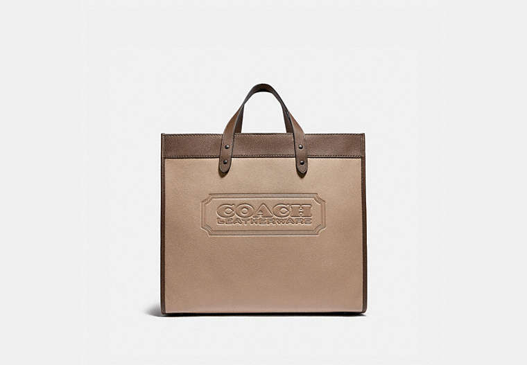 COACH®,FIELD TOTE BAG 40 IN COLORBLOCK WITH COACH BADGE,Pebble Leather,X-Large,JI/Macadamia Multi,Front View