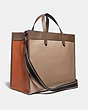 COACH®,FIELD TOTE BAG 40 IN COLORBLOCK WITH COACH BADGE,Pebble Leather,X-Large,JI/Macadamia Multi,Angle View
