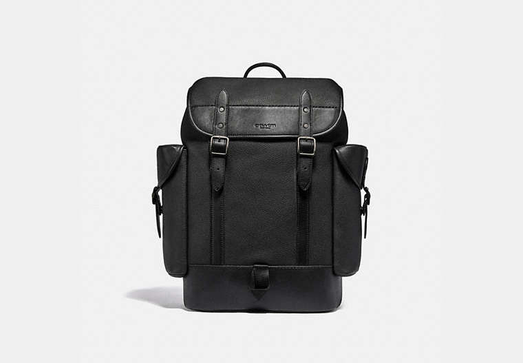 COACH®,HITCH BACKPACK,Pebble Leather/Smooth Leather,Large,Black Copper/Black,Front View