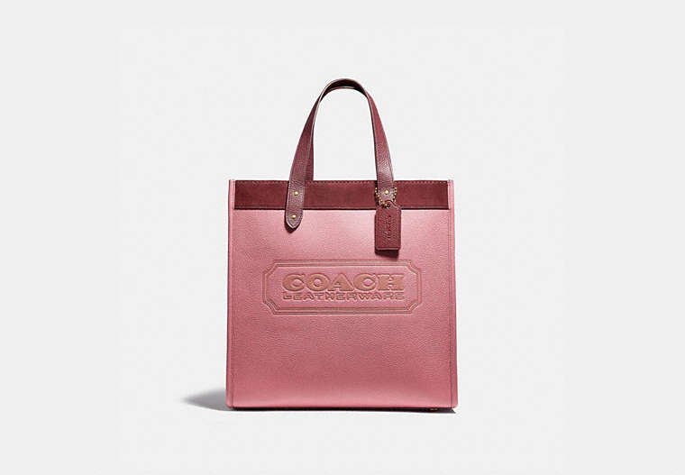 COACH®,FIELD TOTE IN COLORBLOCK WITH COACH BADGE,Pebble Leather/Suede,Brass/Vintage Pink Multi,Front View