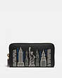 COACH®,ACCORDION ZIP WALLET WITH STARDUST CITY SKYLINE EMBROIDERY,Leather,Mini,Brass/Black,Front View