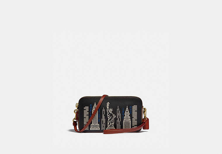COACH®,KIRA CROSSBODY BAG WITH STARDUST CITY SKYLINE,Leather,Mini,Brass/Black,Front View