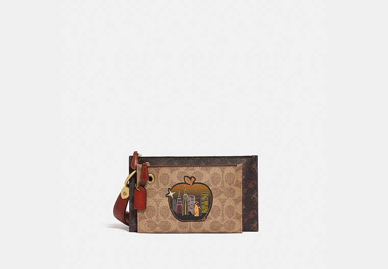 Double Slim Wristlet In Signature Canvas With Horse And Carriage Print And Big Apple Skyline