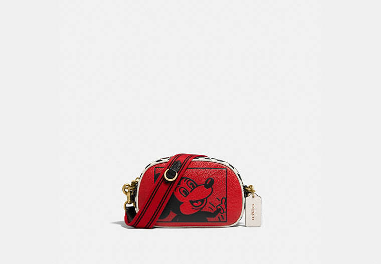 COACH®,DISNEY MICKEY MOUSE X KEITH HARING BADGE CAMERA CROSSBODY,Leather,Mini,Brass/Electric Red Multi,Front View