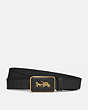 COACH®,HORSE AND CARRIAGE PLAQUE BUCKLE BELT, 25MM,Smooth Leather,Brass/Black,Front View