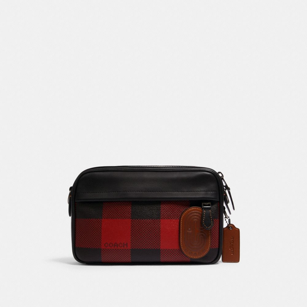 Coach mini camera bag online with buffalo plaid print